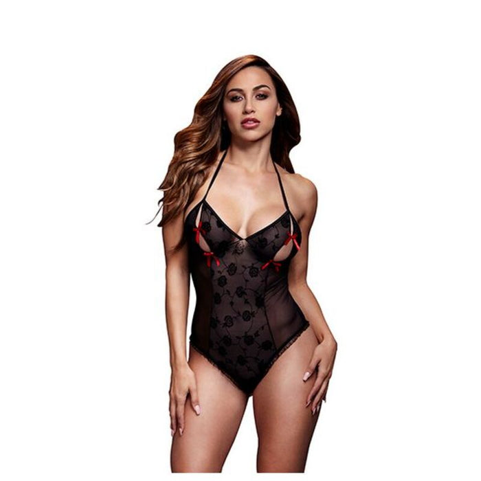Svart Spetsbody & Behå Öppningar Röd Båge One Size Baci Lingerie BW3112