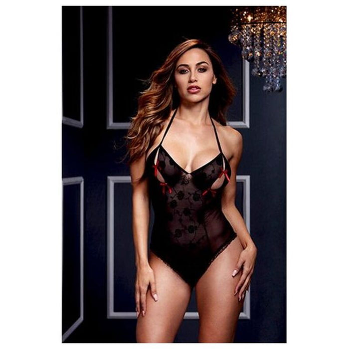 Svart Spetsbody & Behå Öppningar Röd Båge One Size Baci Lingerie BW3112