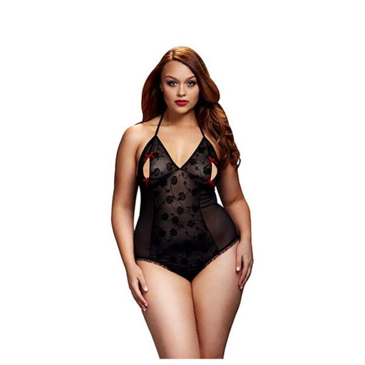 Svart Spetsbody & Behå Öppningar Röd Båge Queen Size Baci Lingerie BW3112